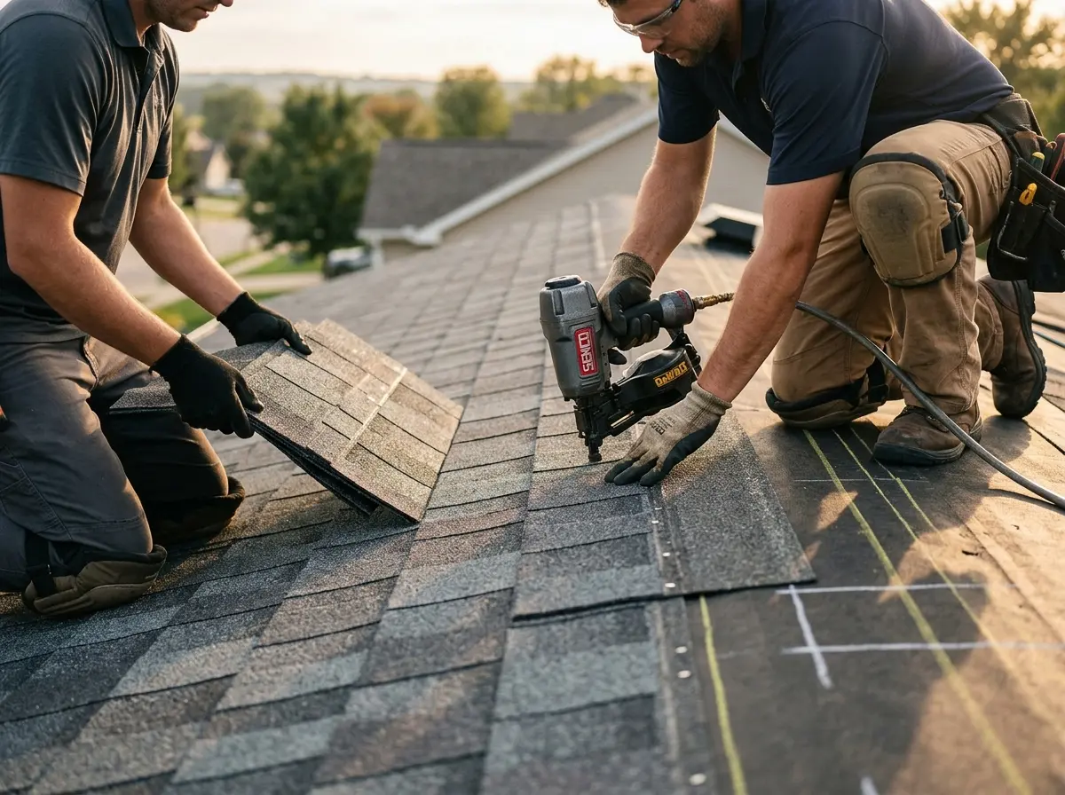 Professional roofer working on a residential roof in Collier